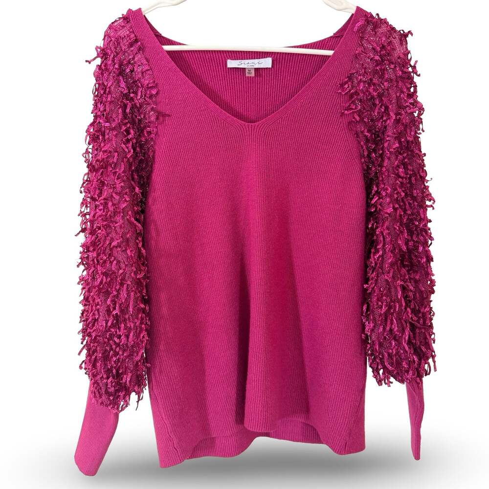 Sioni Milano Wild Aster V-Neck Knit Sweater with Shaggy Eyelash Fringe Sleeves M